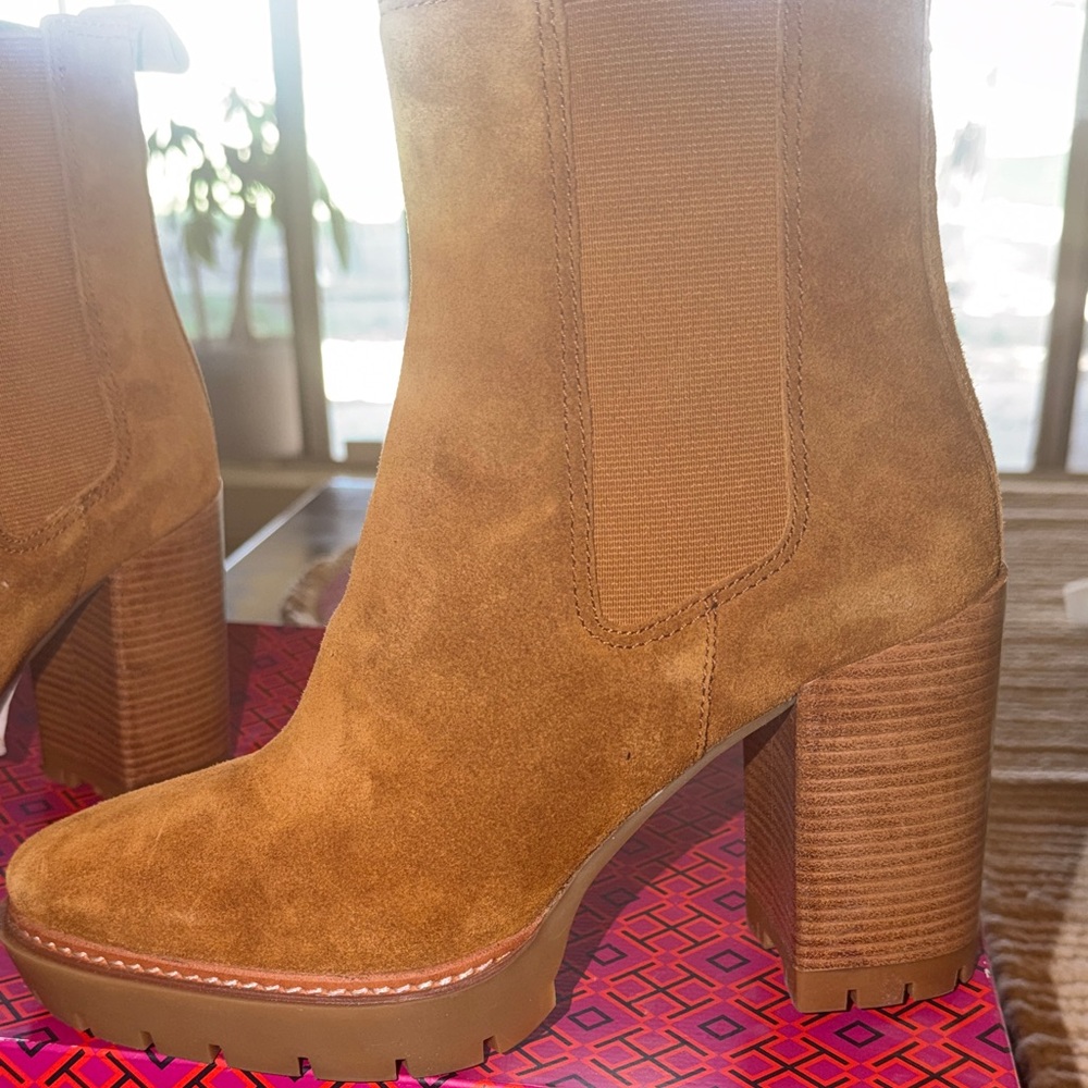 Tory Burch Chestnut Suede Platform Chelsea Booties with Stacked Heel - Picture 7 of 9
